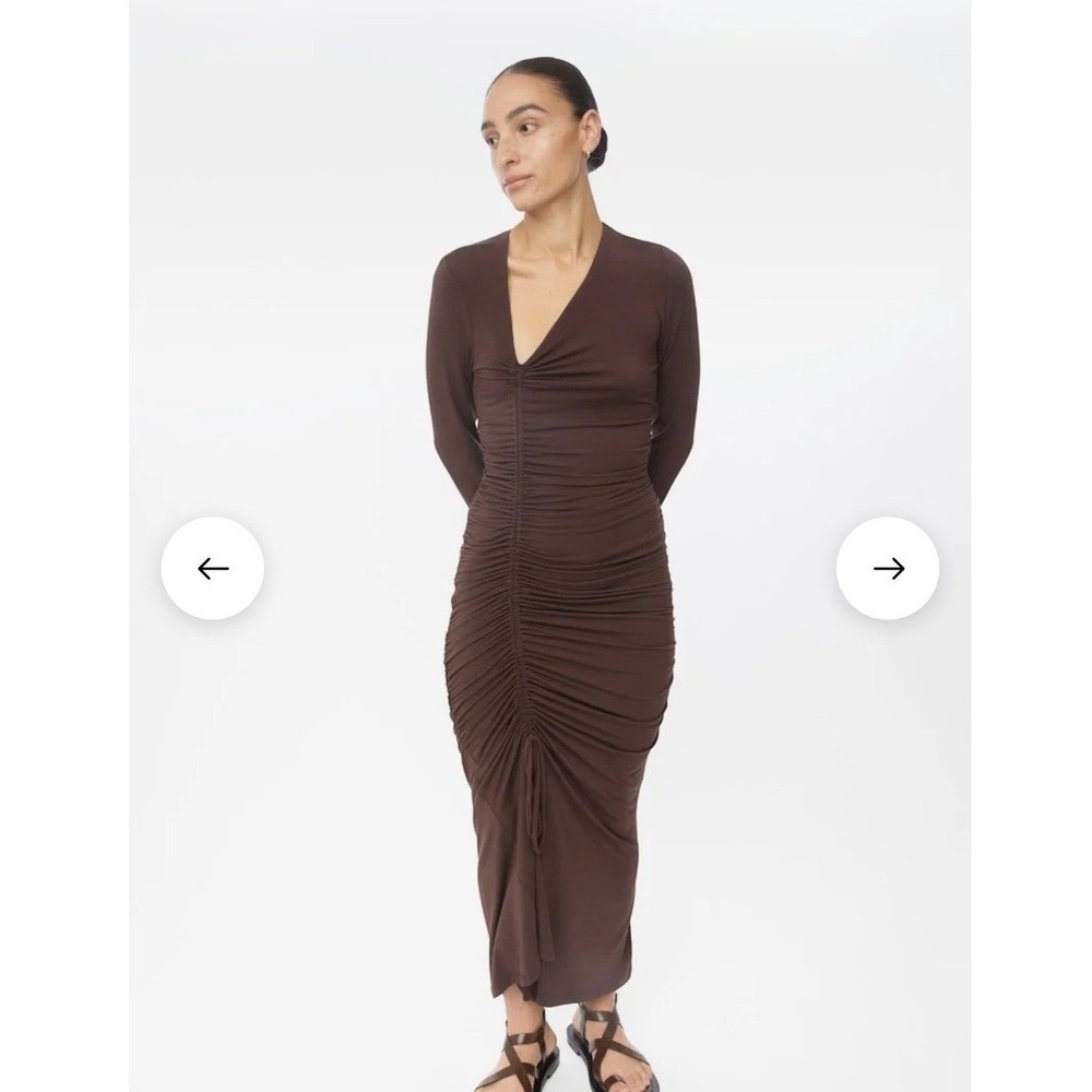 Dal the Label Brown Ruched Long Sleeve Asymmetrical V-Neck Midi Dress Event